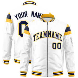 Custom White Gold-Navy Varsity Full-Zip Shoulder Color Block Letterman Bomber Jacket