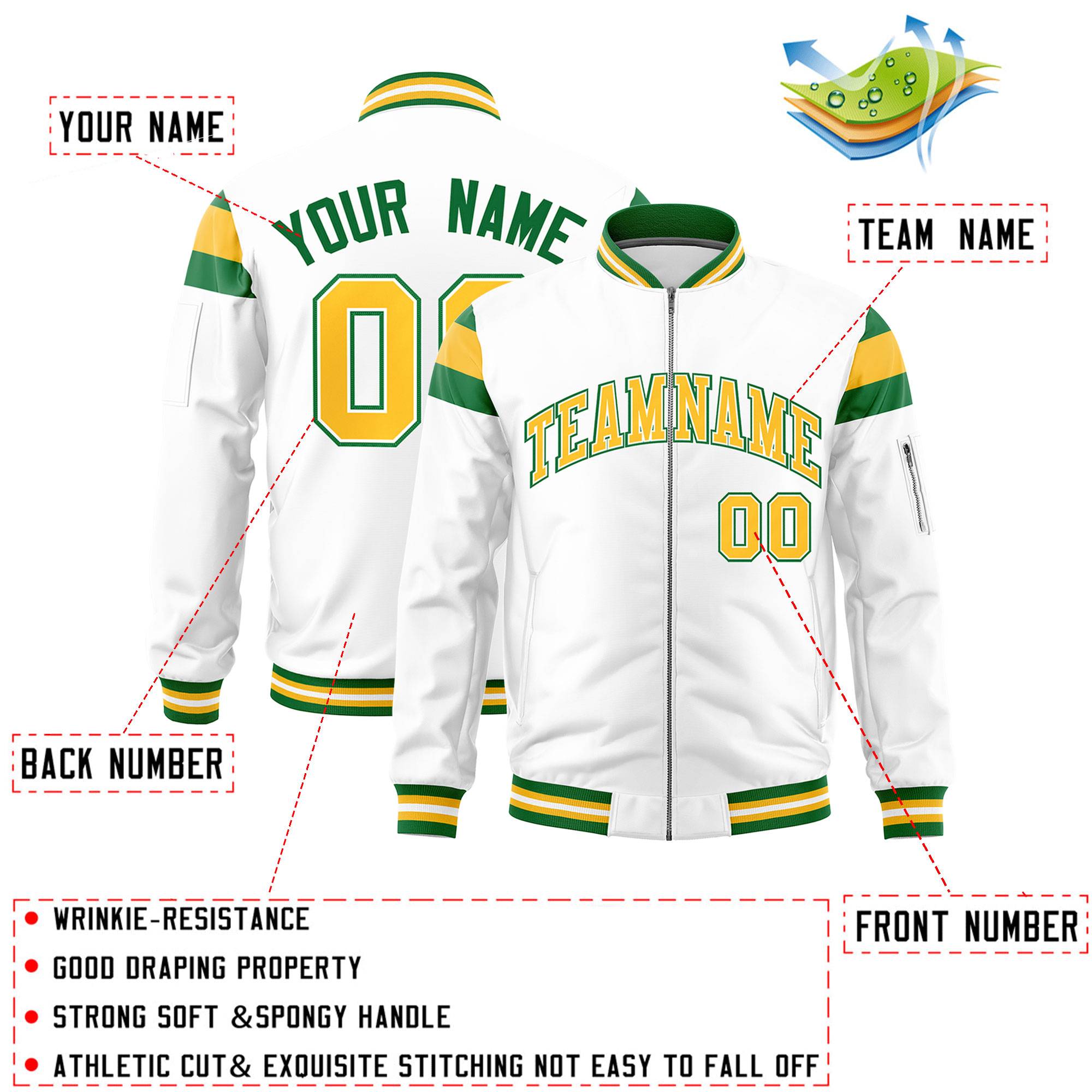 Custom White Kelly Green-Gold Varsity Full-Zip Shoulder Color Block Letterman Bomber Jacket