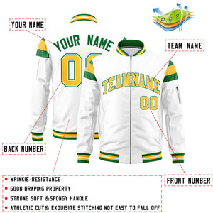 Custom White Kelly Green-Gold Varsity Full-Zip Shoulder Color Block Letterman Bomber Jacket