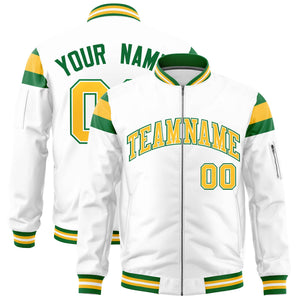 Custom White Kelly Green-Gold Varsity Full-Zip Shoulder Color Block Letterman Bomber Jacket