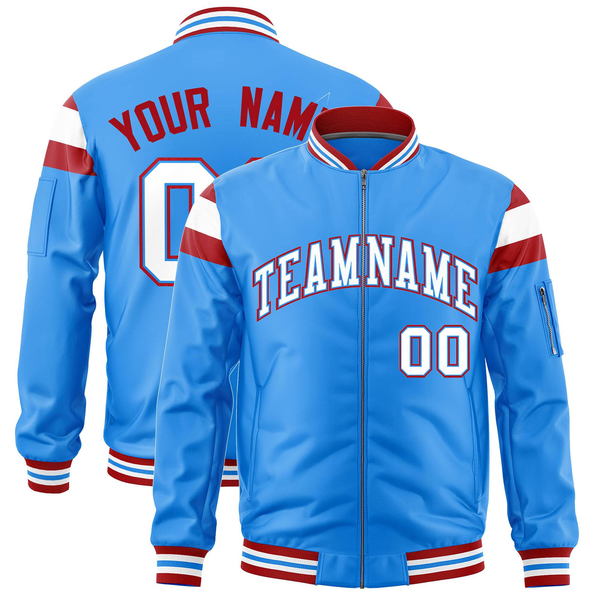 Custom Powder Blue Red-White Varsity Full-Zip Shoulder Color Block Letterman Bomber Jacket