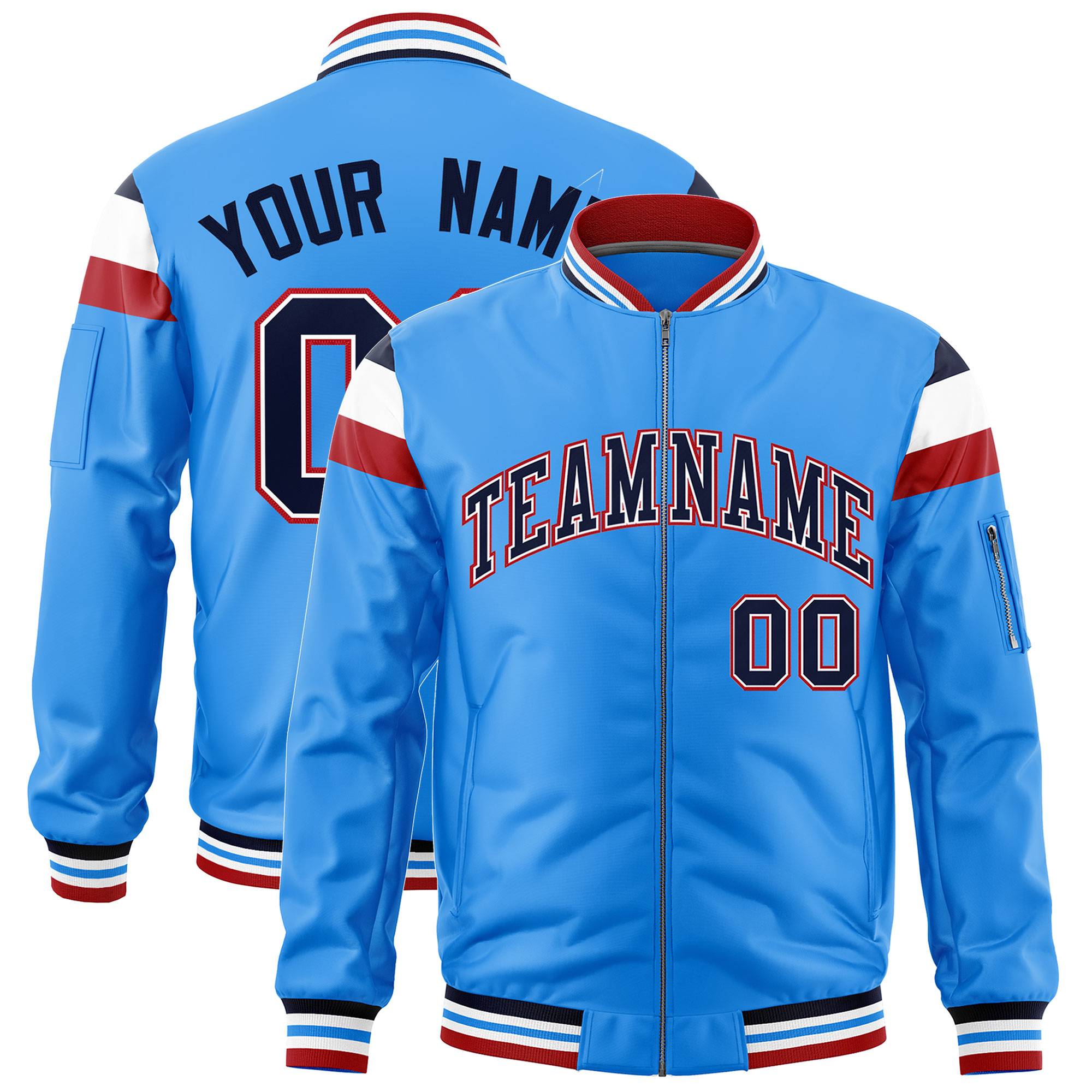 Custom Powder Blue Navy-White Varsity Full-Zip Shoulder Color Block Letterman Bomber Jacket