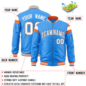 Custom Powder Blue Orange-White Varsity Full-Zip Shoulder Color Block Letterman Bomber Jacket