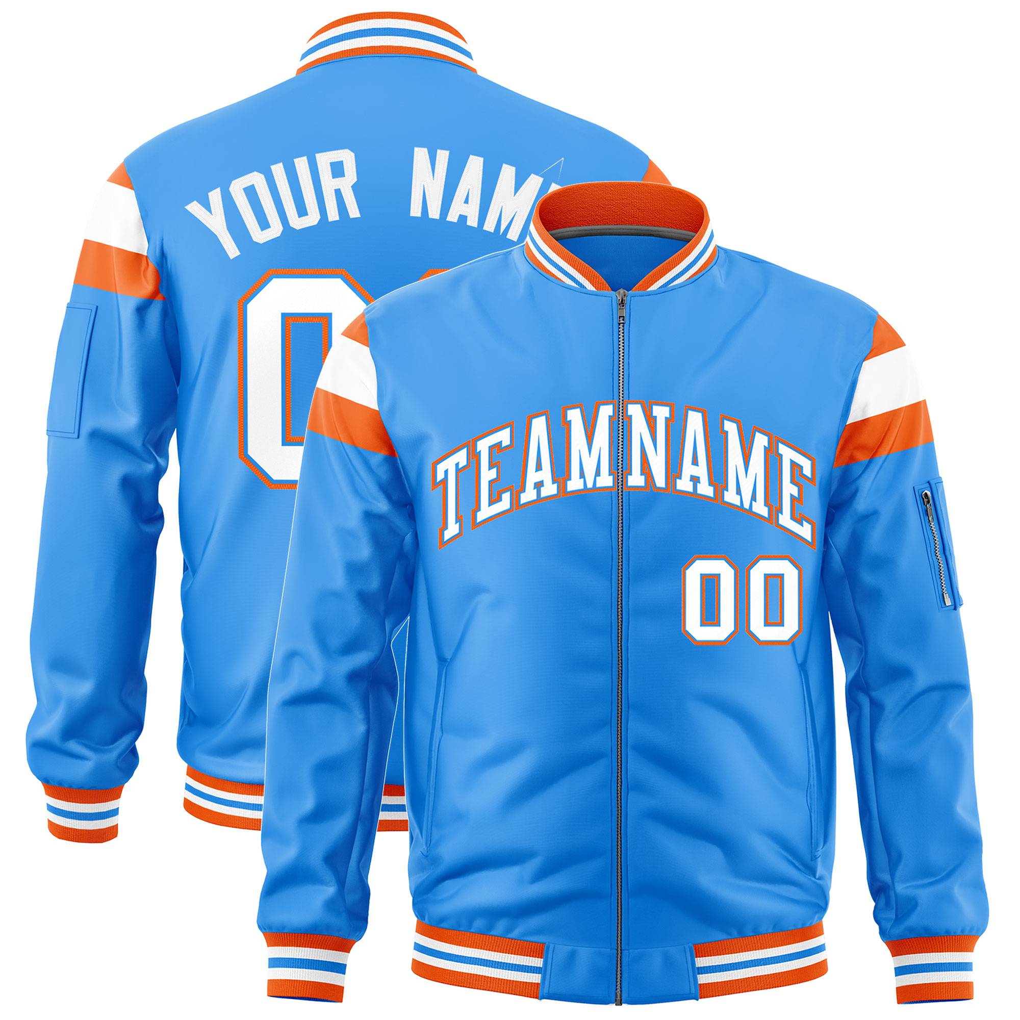 Custom Powder Blue Orange-White Varsity Full-Zip Shoulder Color Block Letterman Bomber Jacket