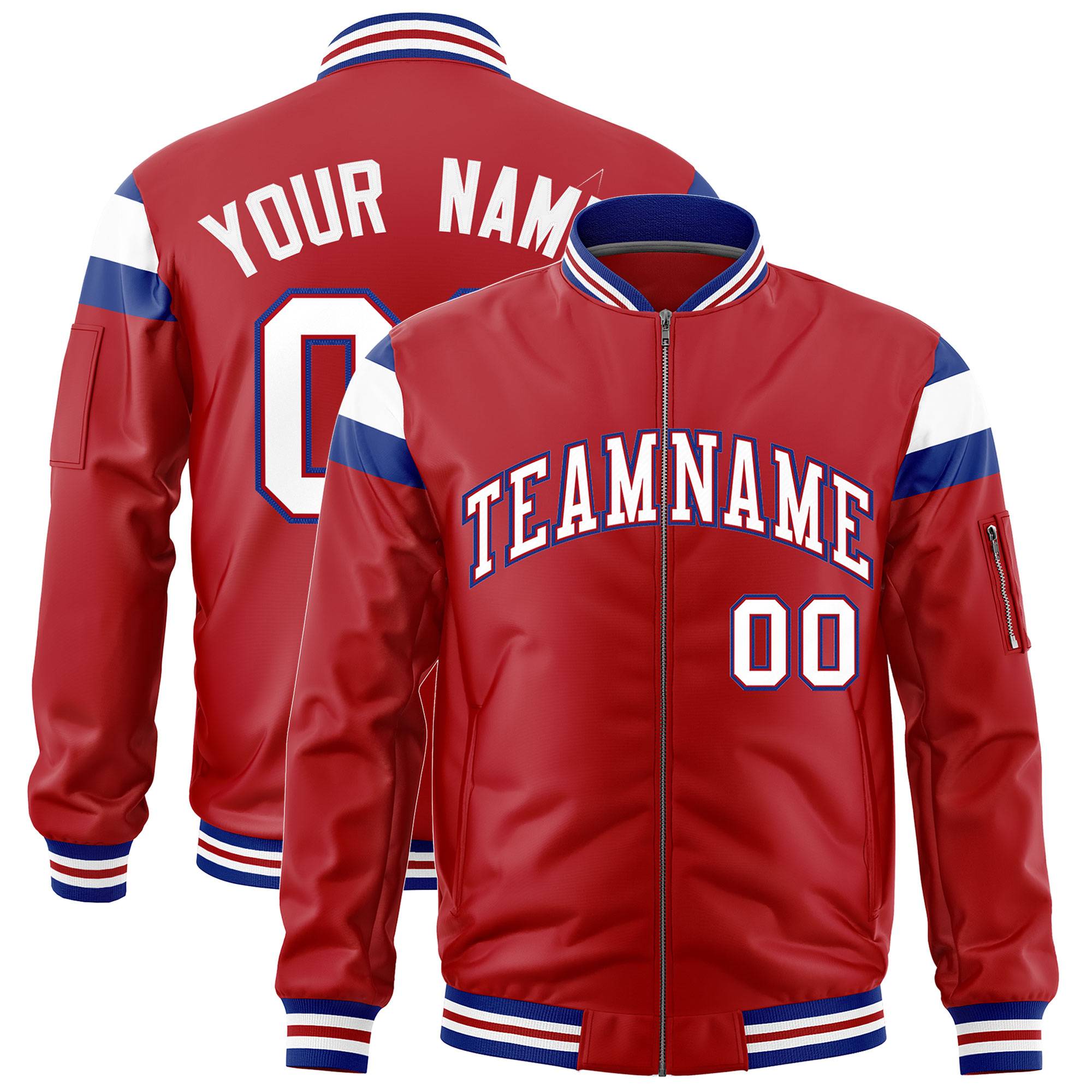 Custom Red Royal-White Varsity Full-Zip Shoulder Color Block Letterman Bomber Jacket