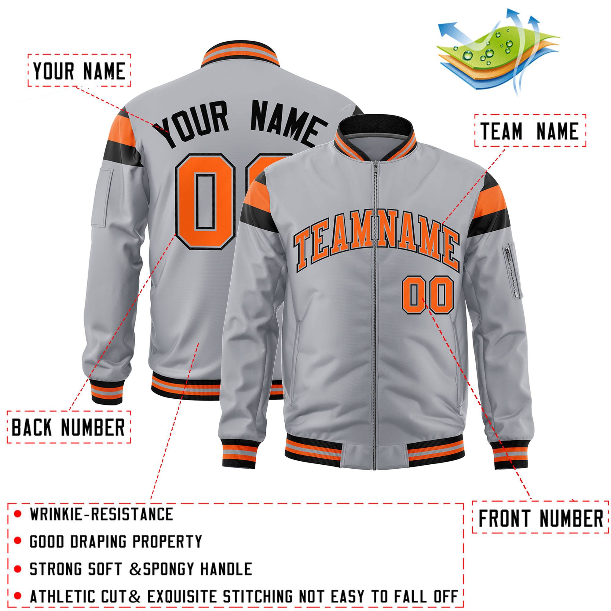 Custom Silver Black-Orange Varsity Full-Zip Shoulder Color Block Letterman Bomber Jacket