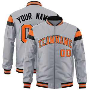 Custom Silver Black-Orange Varsity Full-Zip Shoulder Color Block Letterman Bomber Jacket