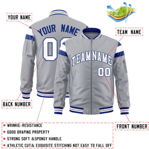 Custom Silver Royal-White Varsity Full-Zip Shoulder Color Block Letterman Bomber Jacket