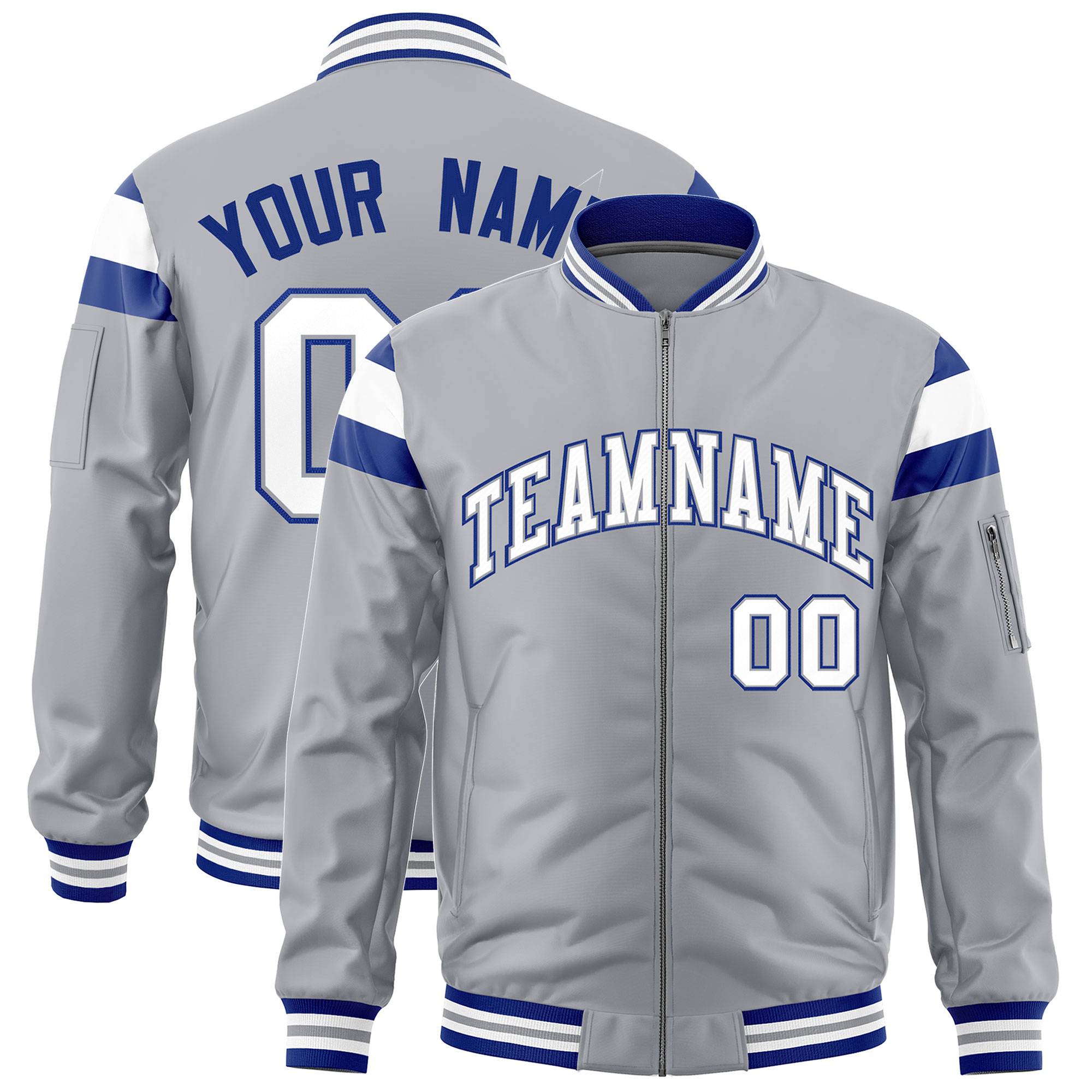 Custom Silver Royal-White Varsity Full-Zip Shoulder Color Block Letterman Bomber Jacket