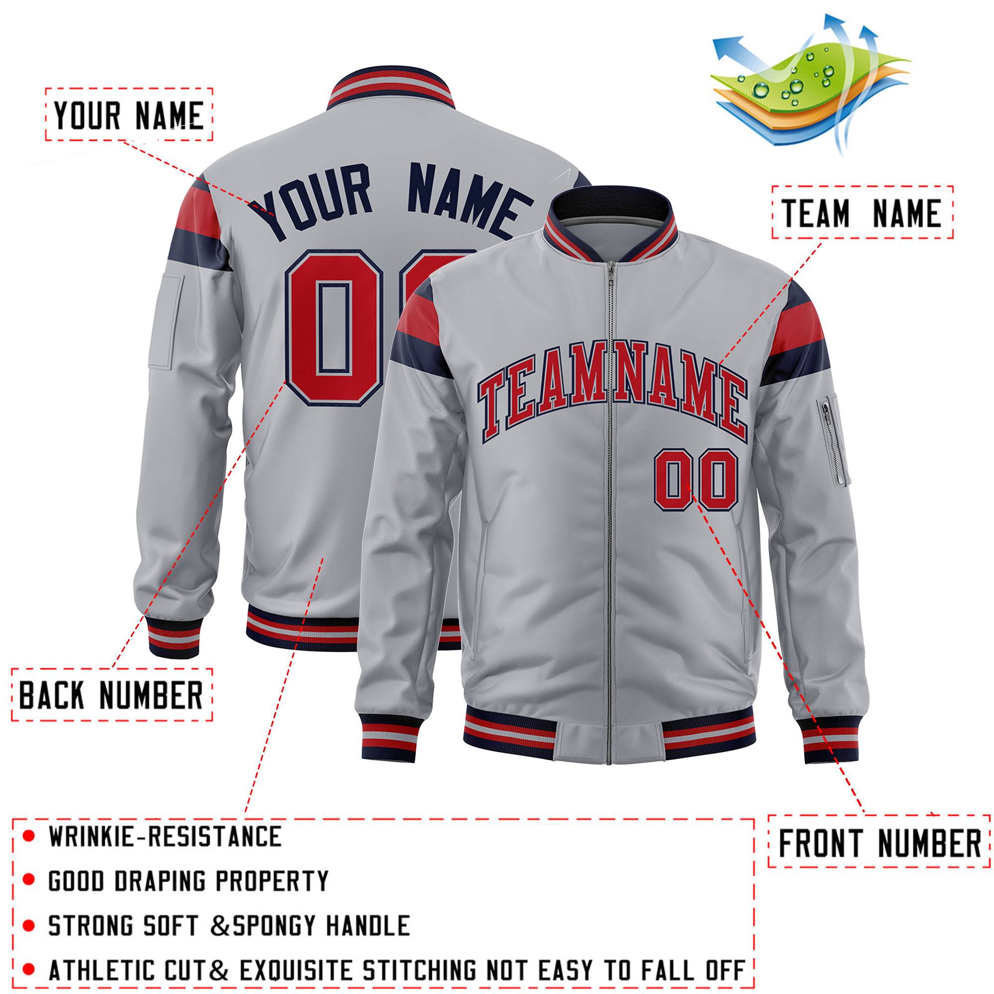 Custom Silver Navy-Red Varsity Full-Zip Shoulder Color Block Letterman Bomber Jacket