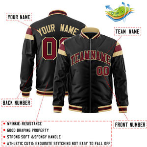 Custom Black Khaki-Crimson Varsity Full-Zip Shoulder Color Block Letterman Bomber Jacket