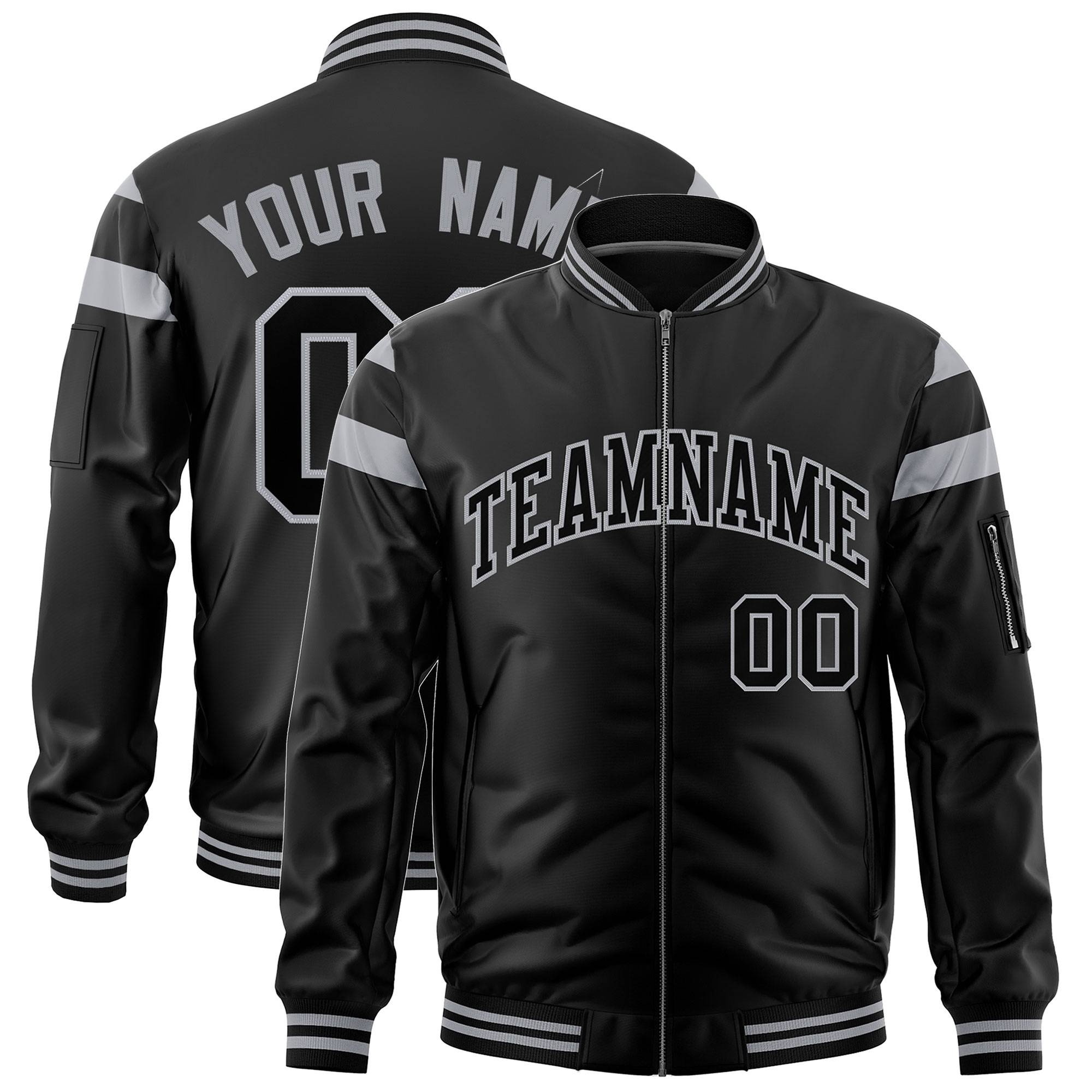 Custom Black Silver-Black Varsity Full-Zip Shoulder Color Block Letterman Bomber Jacket