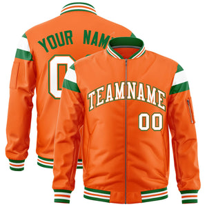 Custom Orange Kelly Green-White Varsity Full-Zip Shoulder Color Block Letterman Bomber Jacket