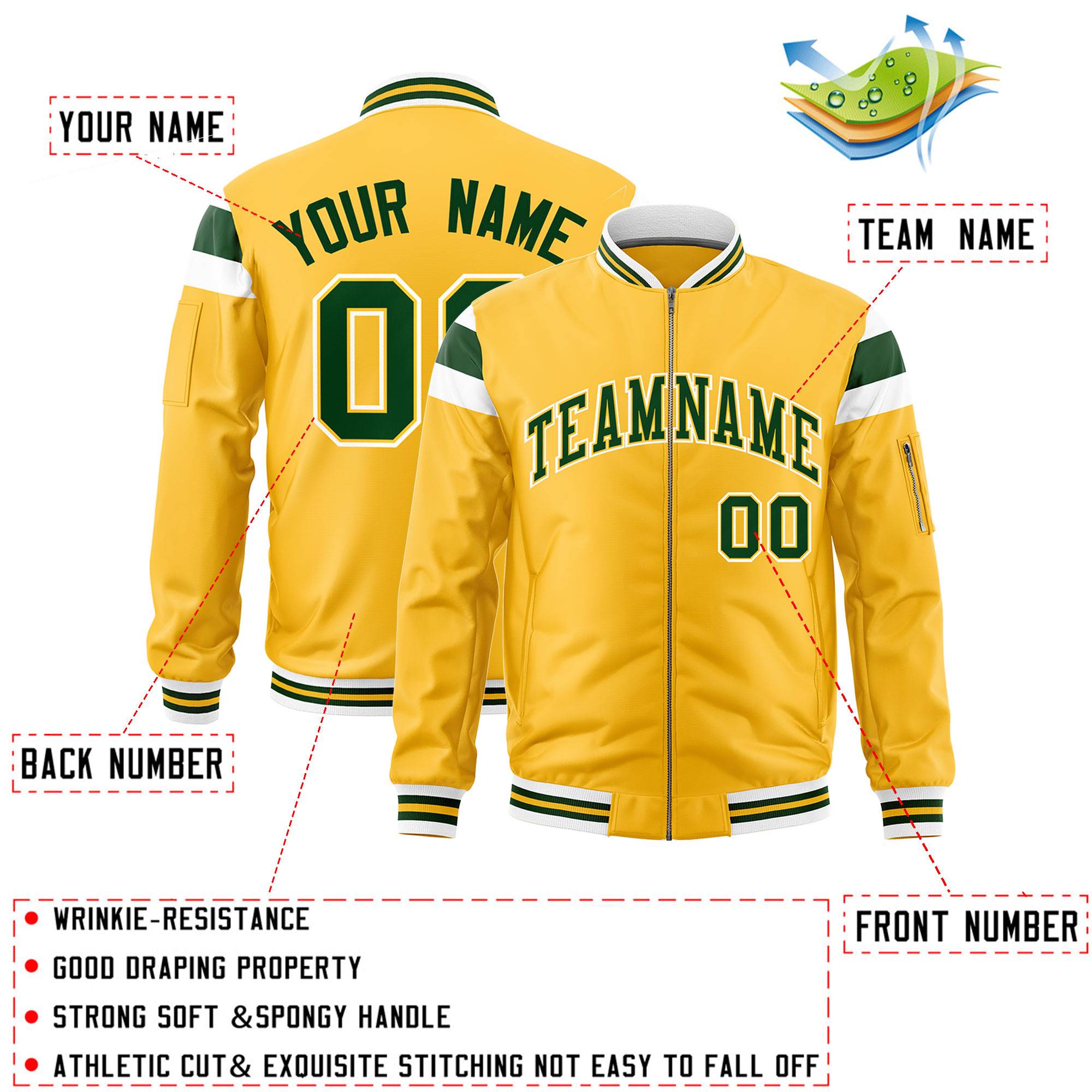 Custom Gold White-Green Varsity Full-Zip Shoulder Color Block Letterman Bomber Jacket