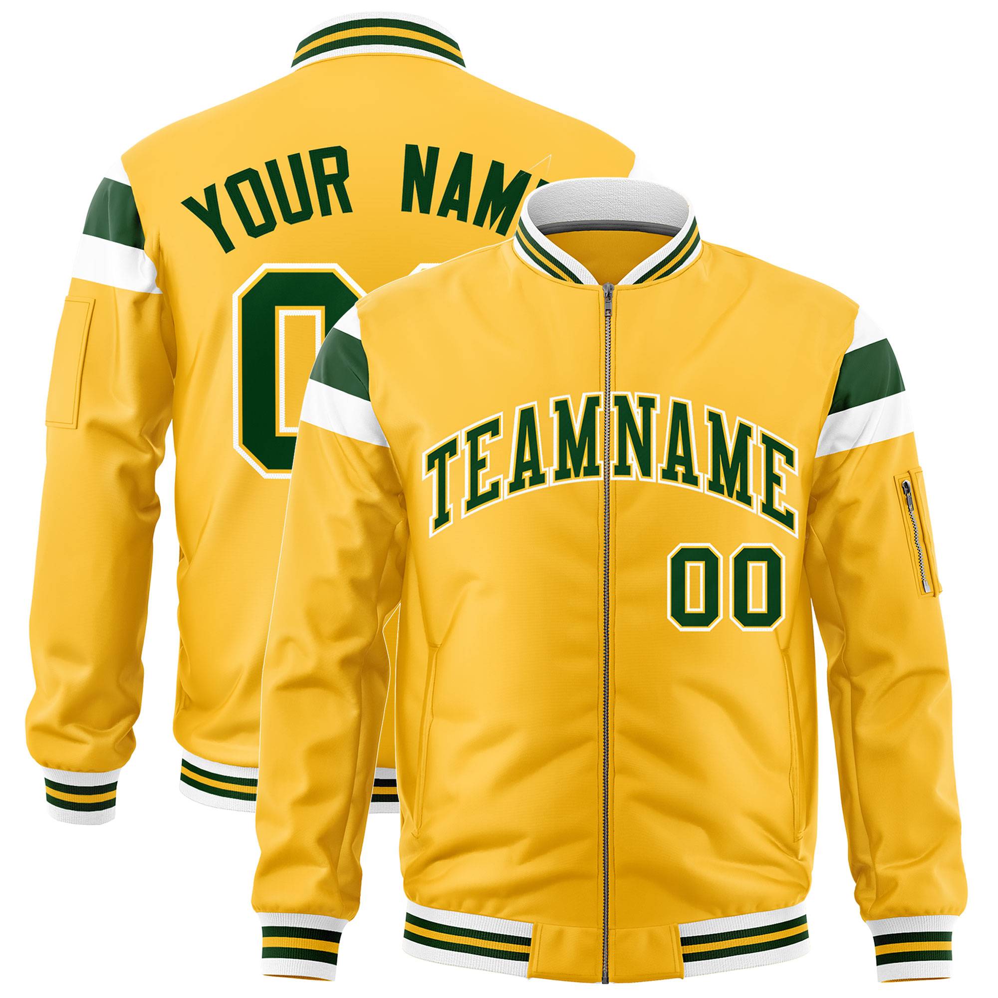 Custom Gold White-Green Varsity Full-Zip Shoulder Color Block Letterman Bomber Jacket