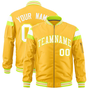 Custom Gold Fluorescent Green-White Varsity Full-Zip Shoulder Color Block Letterman Bomber Jacket