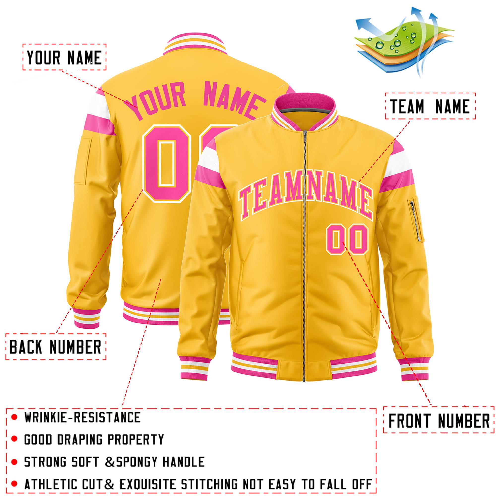 Custom Gold Pink-White Varsity Full-Zip Shoulder Color Block Letterman Bomber Jacket