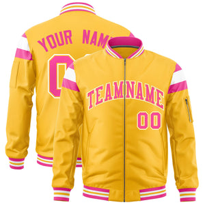 Custom Gold Pink-White Varsity Full-Zip Shoulder Color Block Letterman Bomber Jacket