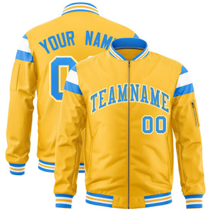 Custom Gold Powder Blue-White Varsity Full-Zip Shoulder Color Block Letterman Bomber Jacket