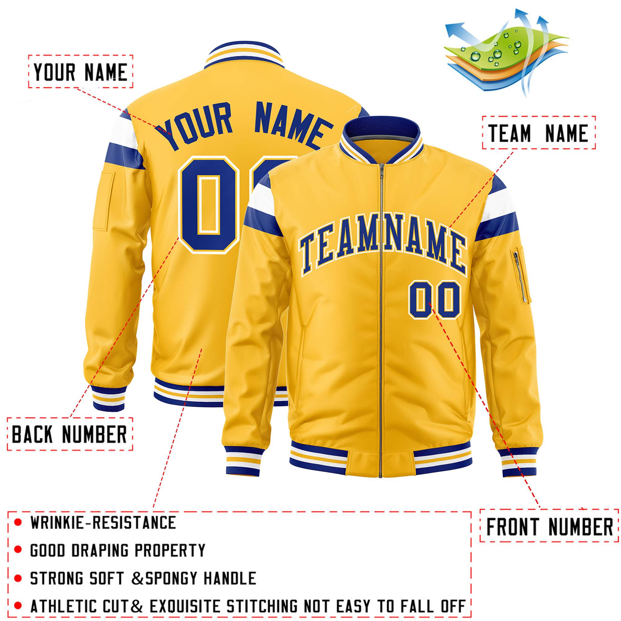 Custom Gold Royal-White Varsity Full-Zip Shoulder Color Block Letterman Bomber Jacket