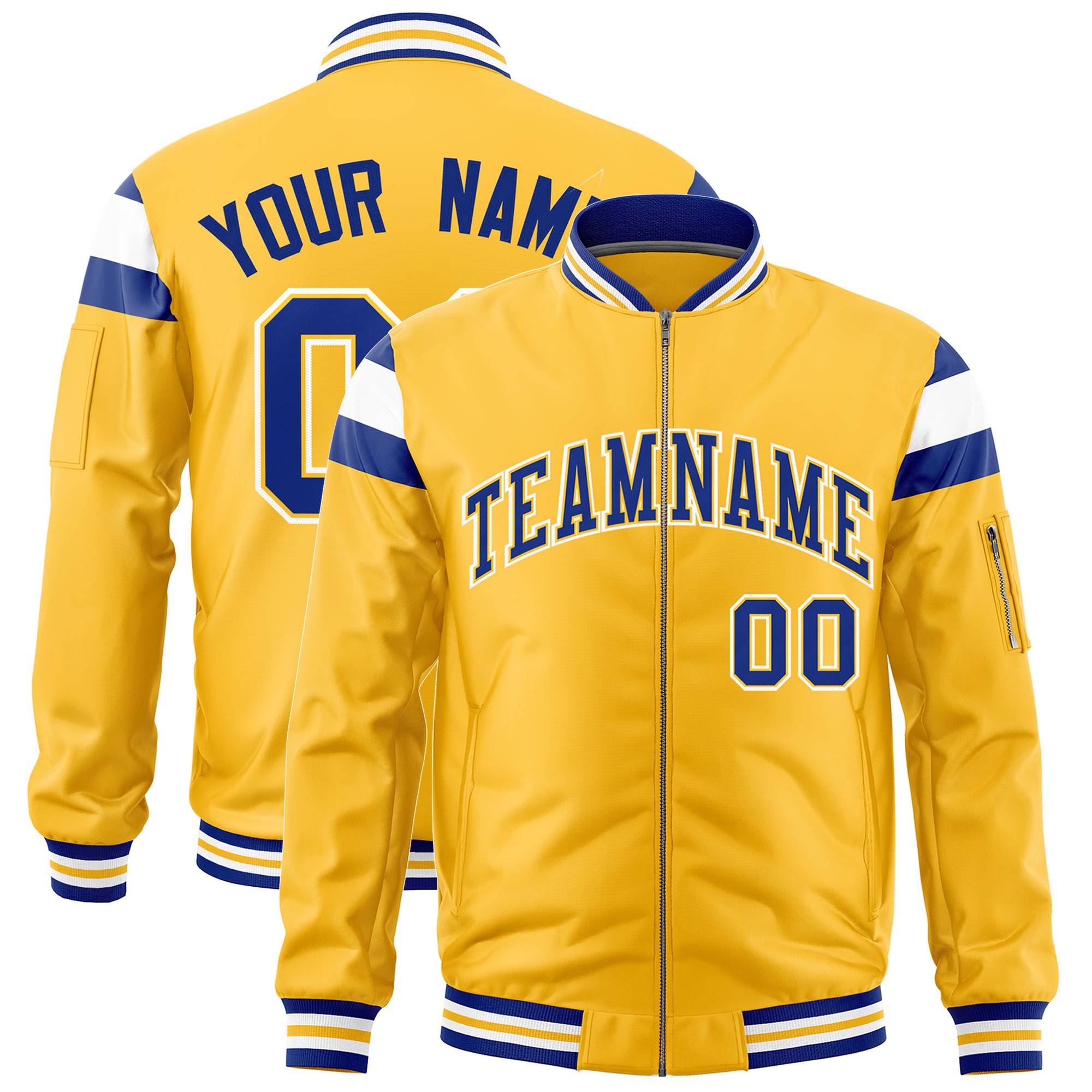 Custom Gold Royal-White Varsity Full-Zip Shoulder Color Block Letterman Bomber Jacket