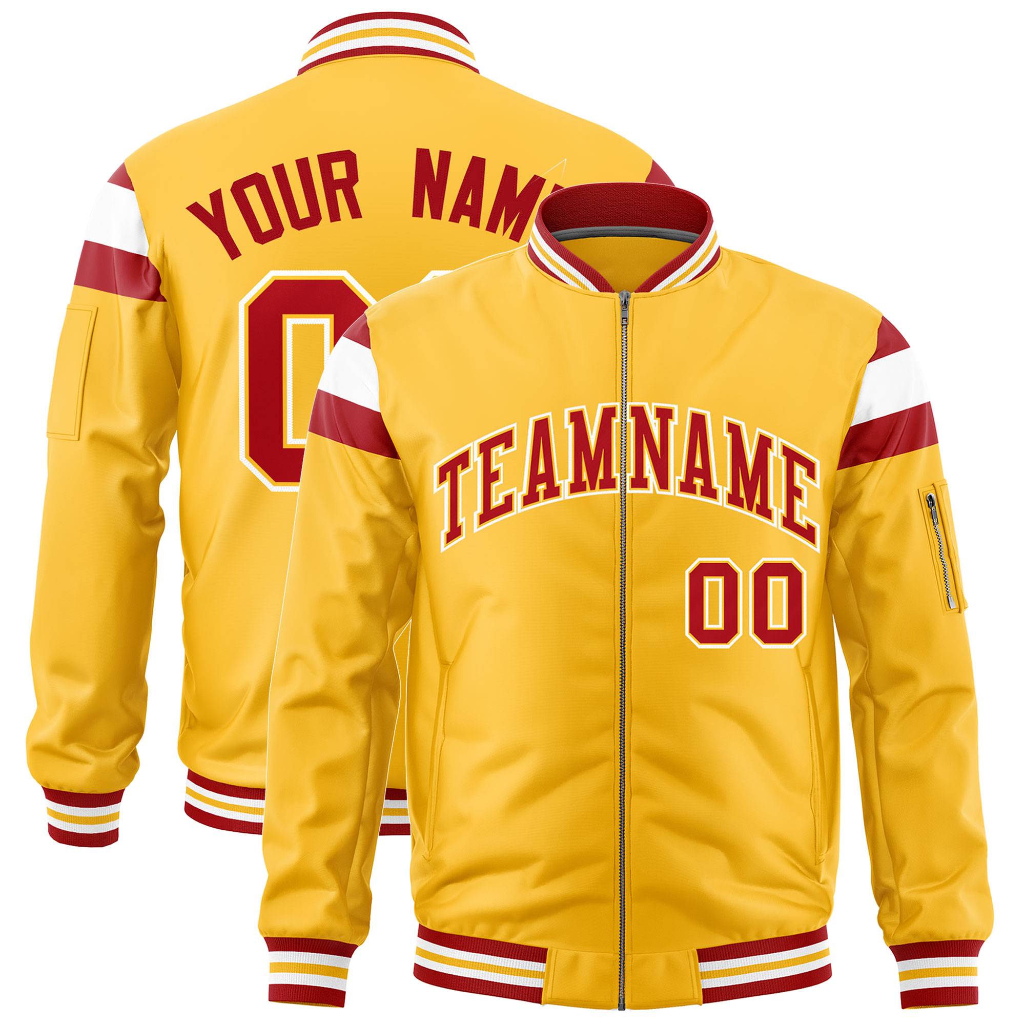 Custom Gold Red-White Varsity Full-Zip Shoulder Color Block Letterman Bomber Jacket