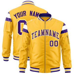 Custom Gold Purple-White Varsity Full-Zip Shoulder Color Block Letterman Bomber Jacket