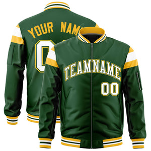 Custom Green Gold-White Varsity Full-Zip Shoulder Color Block Letterman Bomber Jacket