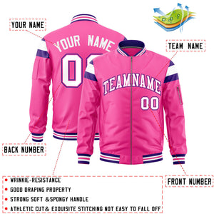 Custom Pink Purple-White Varsity Full-Zip Shoulder Color Block Letterman Bomber Jacket