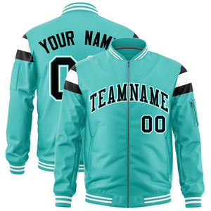 Custom Bright Green Black-White Varsity Full-Zip Shoulder Color Block Letterman Bomber Jacket