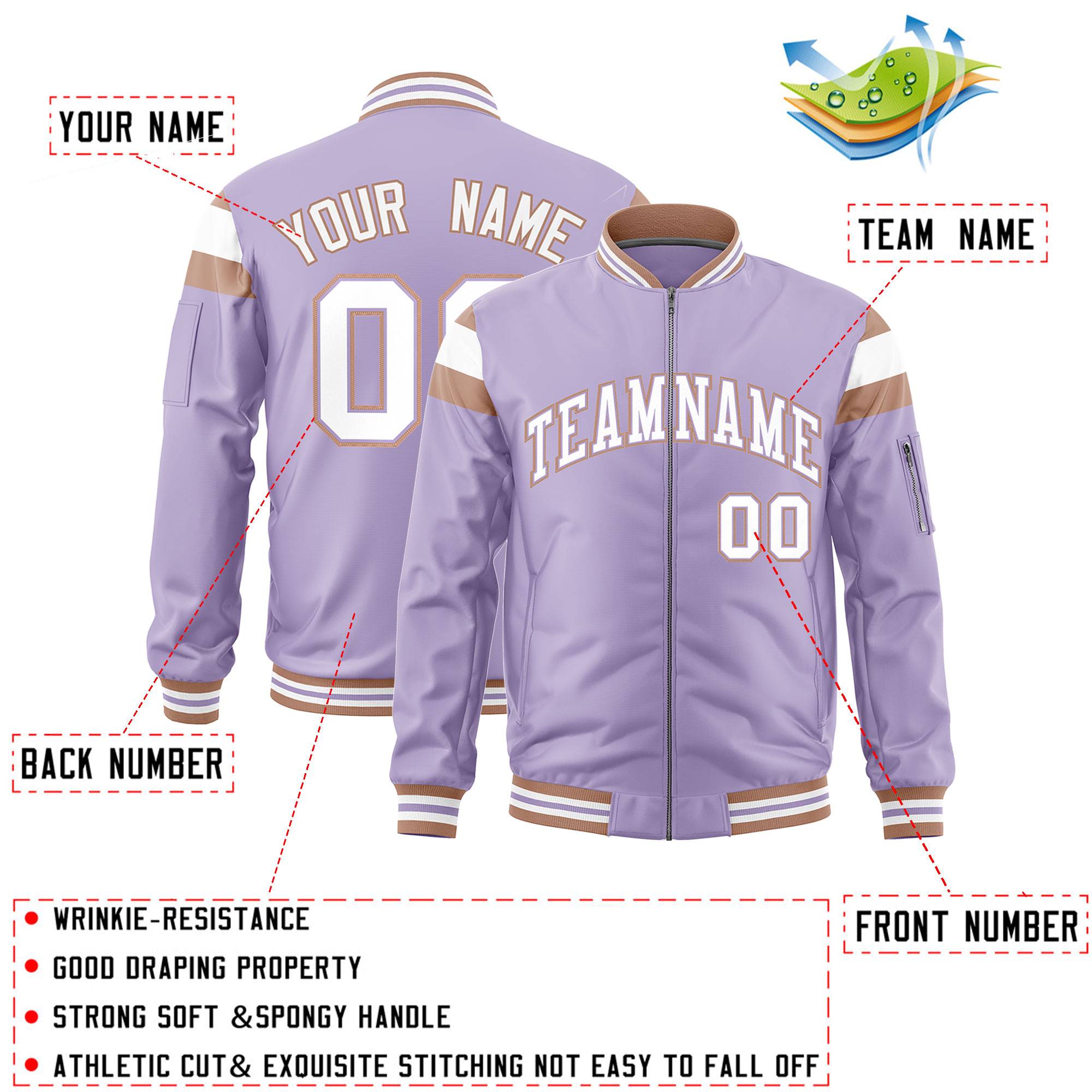 Custom Light Purple Coffee Brown-White Varsity Full-Zip Shoulder Color Block Letterman Bomber Jacket