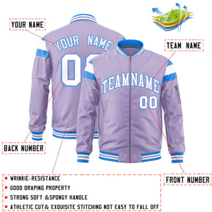 Custom Light Purple Powder Blue-White Varsity Full-Zip Shoulder Color Block Letterman Bomber Jacket