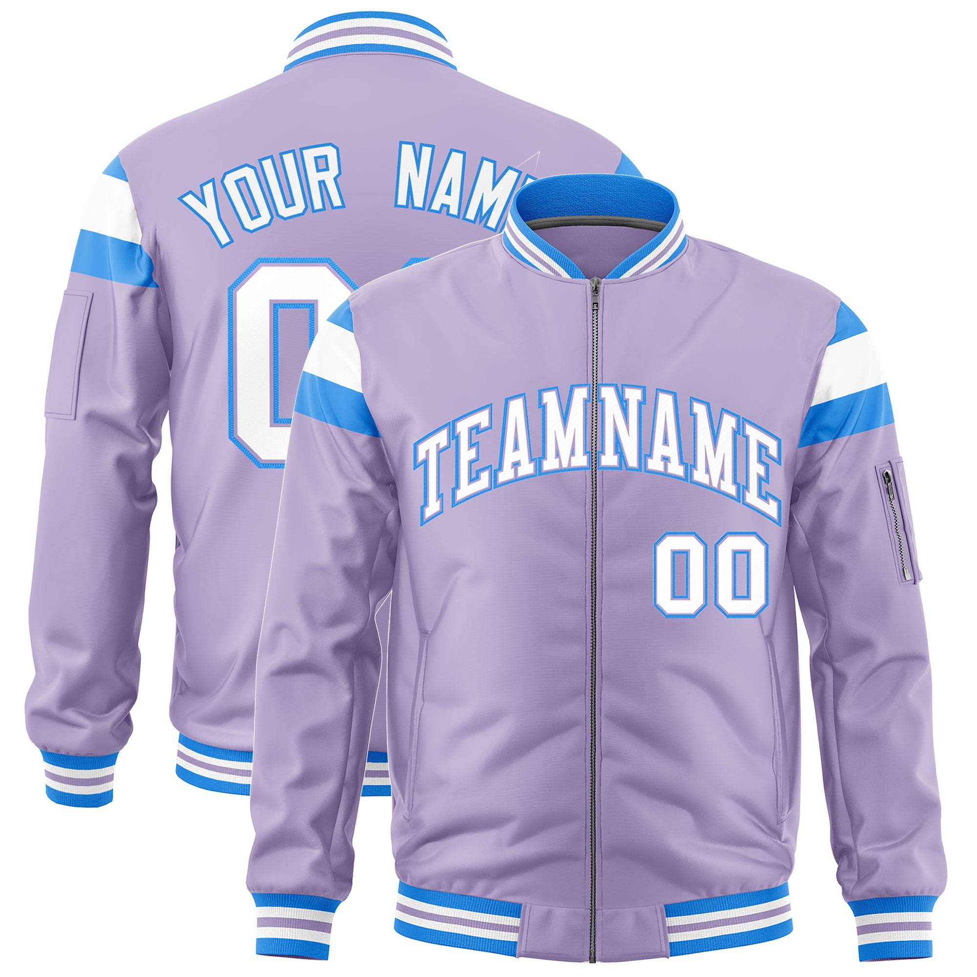 Custom Light Purple Powder Blue-White Varsity Full-Zip Shoulder Color Block Letterman Bomber Jacket