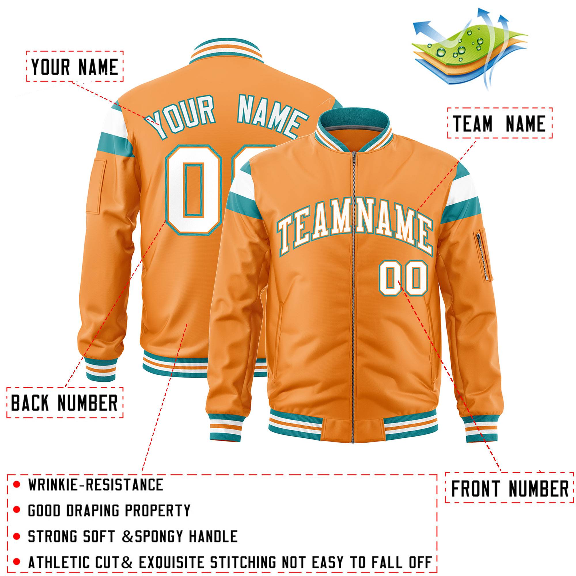 Custom Orange Aqua-White Varsity Full-Zip Shoulder Color Block Letterman Bomber Jacket