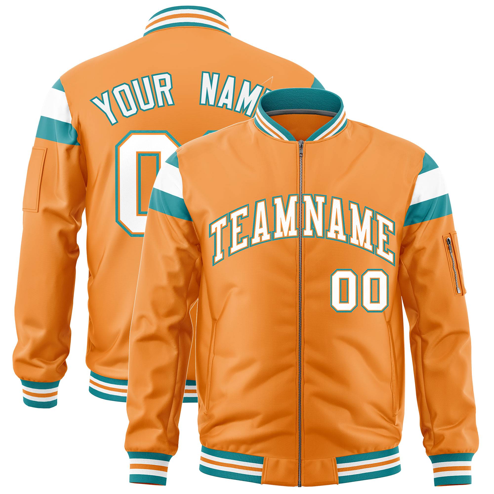 Custom Orange Aqua-White Varsity Full-Zip Shoulder Color Block Letterman Bomber Jacket