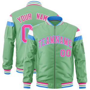 Custom Light Green Pink-White Varsity Full-Zip Shoulder Color Block Letterman Bomber Jacket