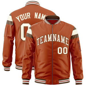 Custom Texas Orange Light Brown-Cream Varsity Full-Zip Shoulder Color Block Letterman Bomber Jacket