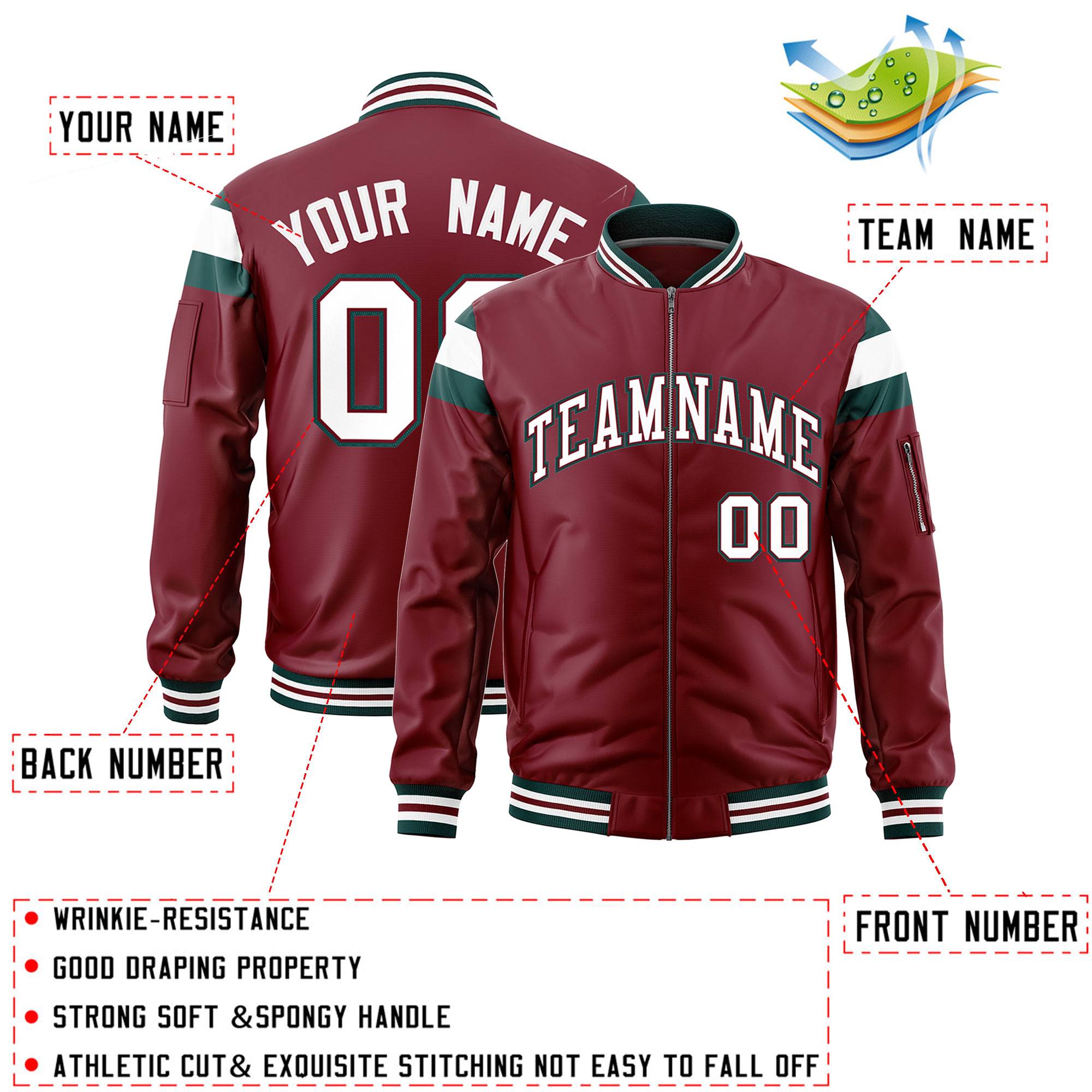 Custom Crimson Midnight Green-White Varsity Full-Zip Shoulder Color Block Letterman Bomber Jacket