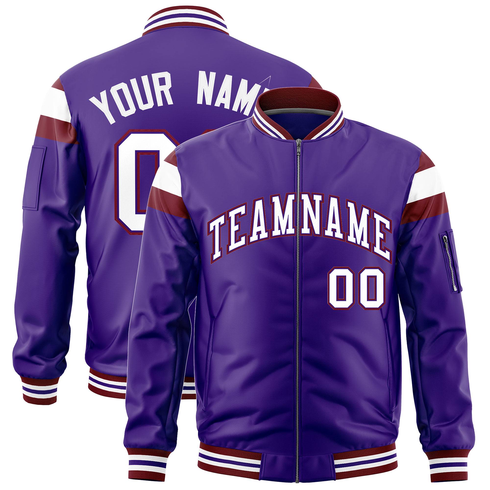 Custom Purple Crimson-White Varsity Full-Zip Shoulder Color Block Letterman Bomber Jacket