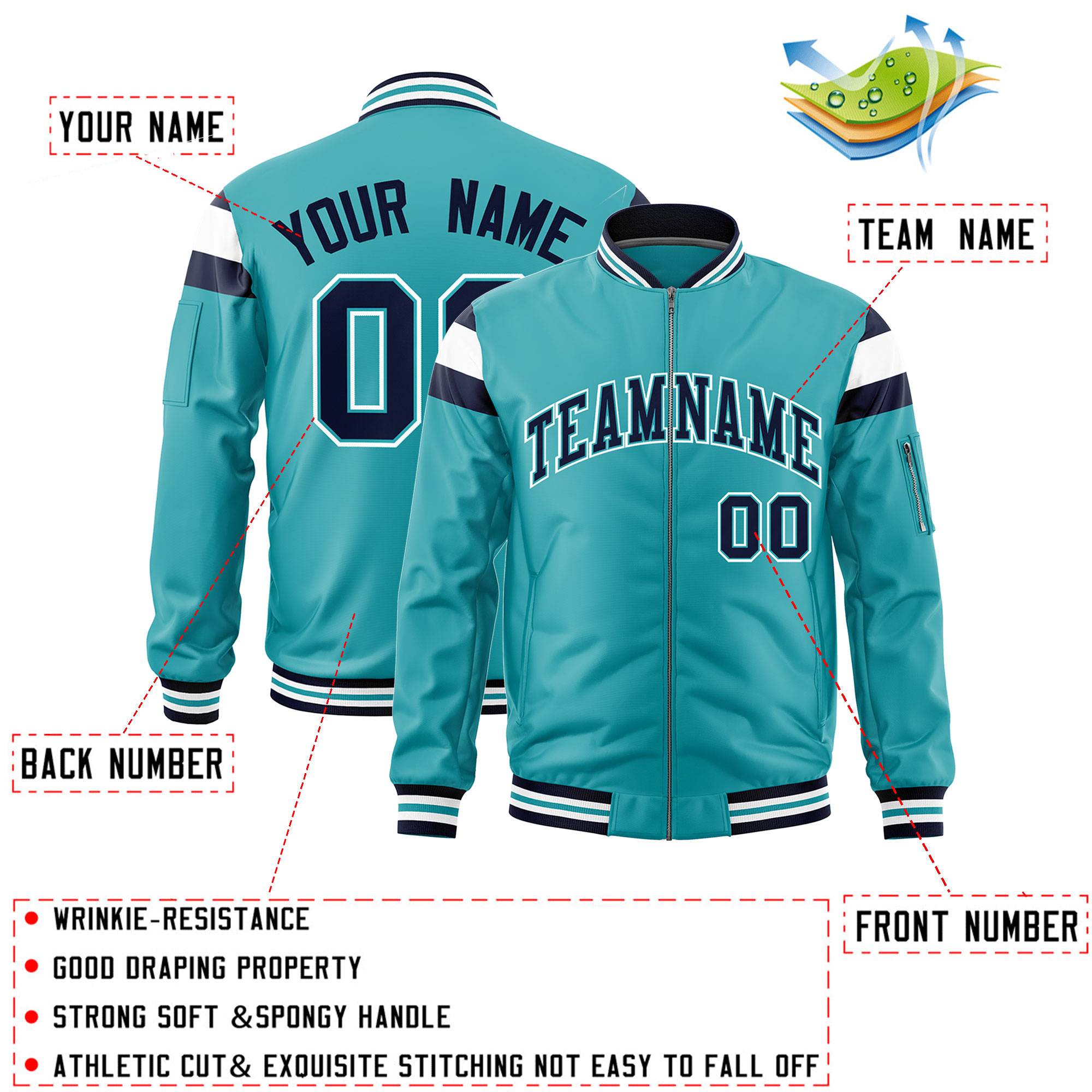 Custom Aqua Navy-White Varsity Full-Zip Shoulder Color Block Letterman Bomber Jacket