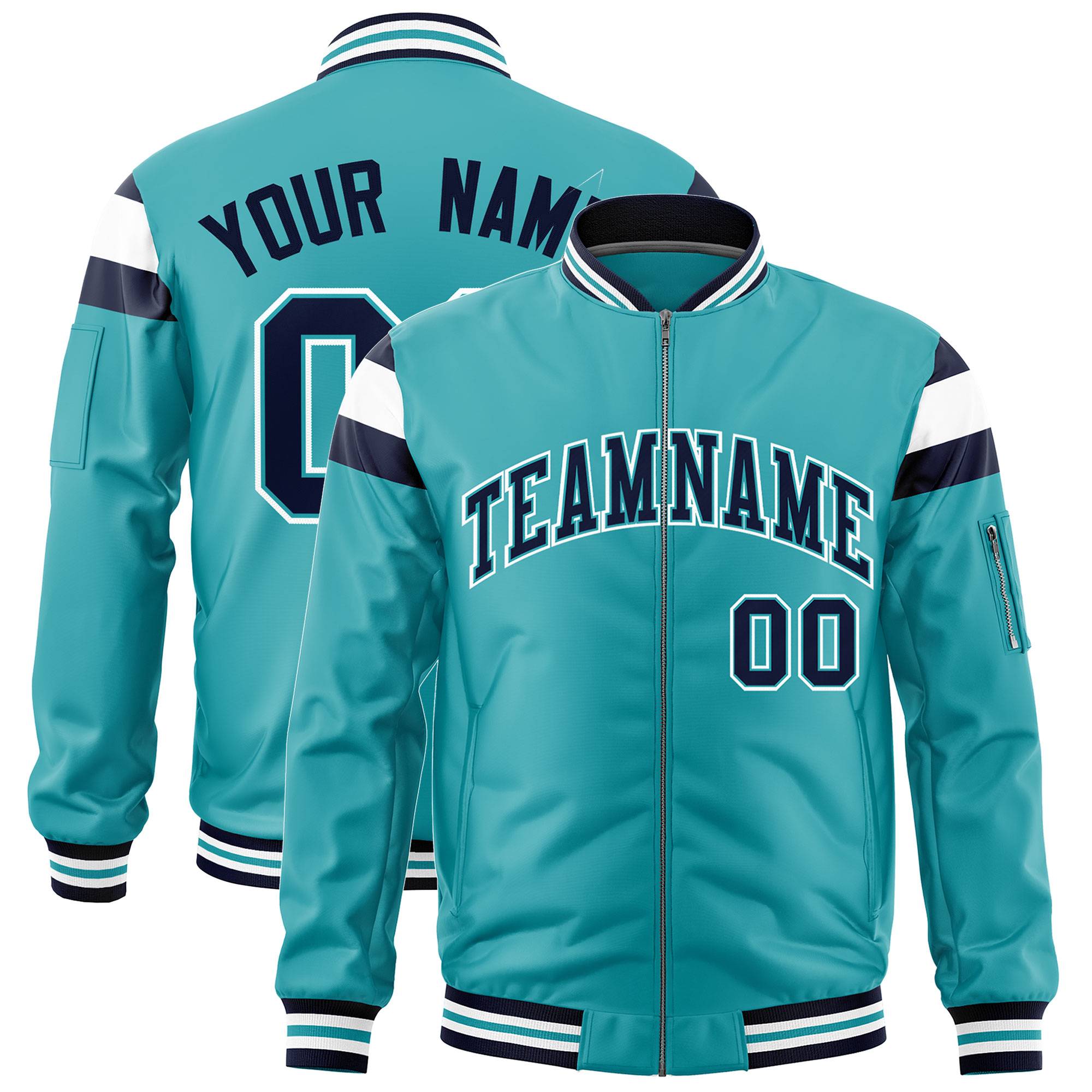 Custom Aqua Navy-White Varsity Full-Zip Shoulder Color Block Letterman Bomber Jacket