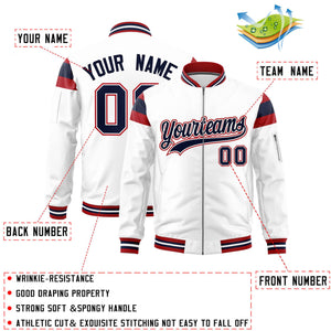 Custom White Red-Navy Varsity Full-Zip Shoulder Color Block Letterman Bomber Jacket