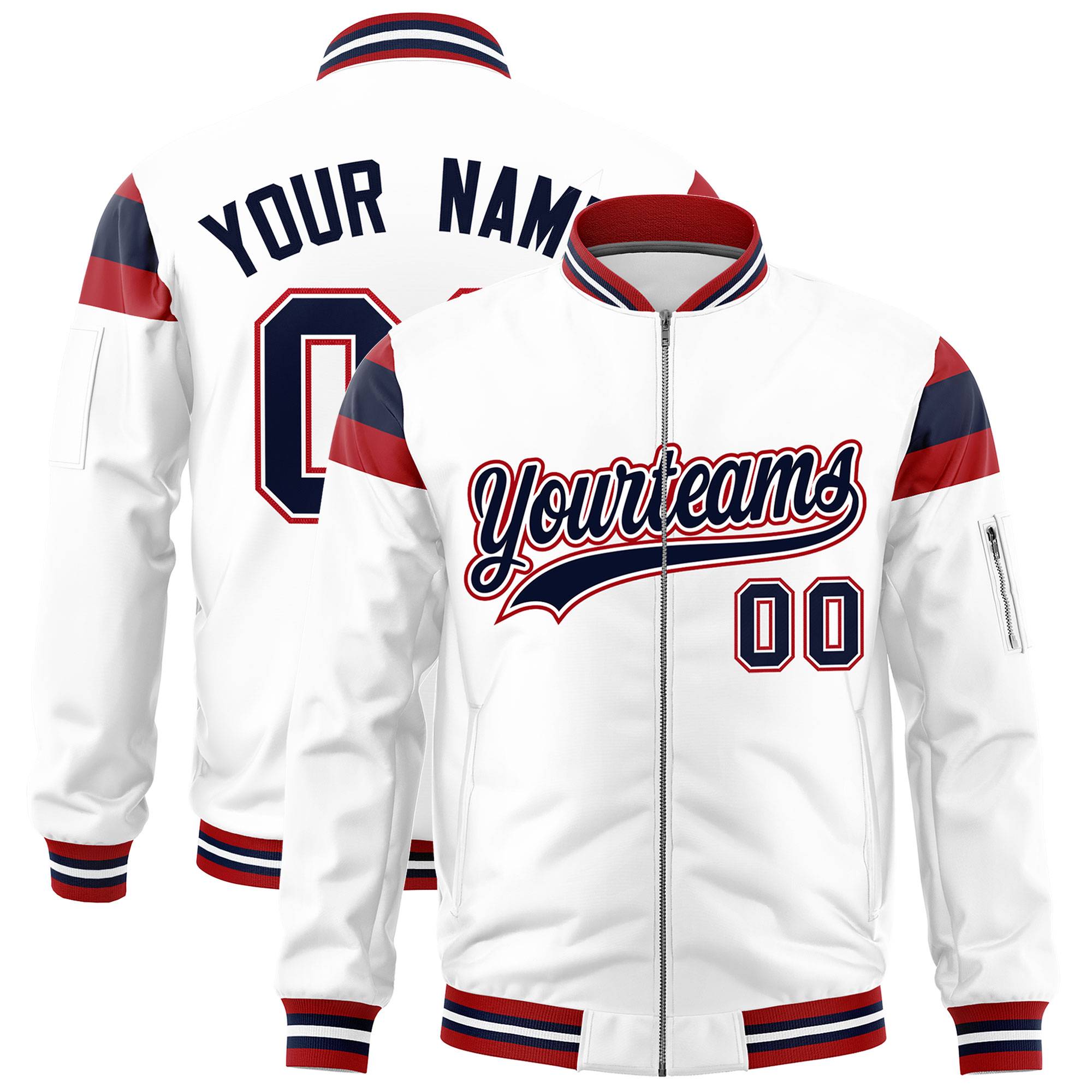 Custom White Red-Navy Varsity Full-Zip Shoulder Color Block Letterman Bomber Jacket