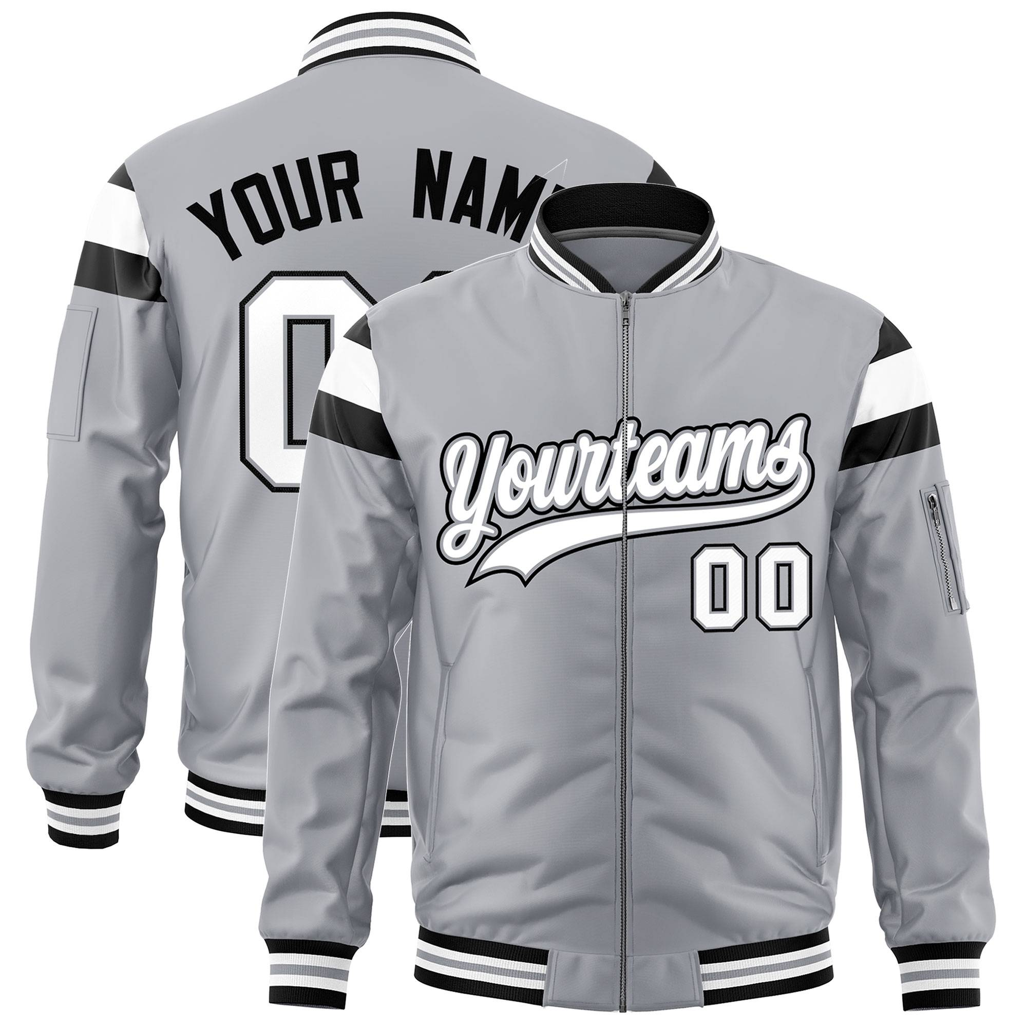 Custom Silver Black-White Varsity Full-Zip Shoulder Color Block Letterman Bomber Jacket