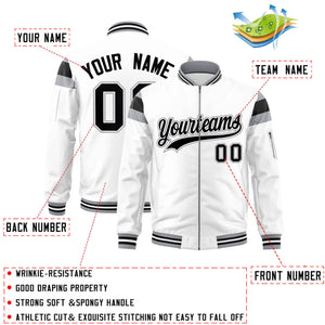 Custom White Silver-Black Varsity Full-Zip Shoulder Color Block Letterman Bomber Jacket