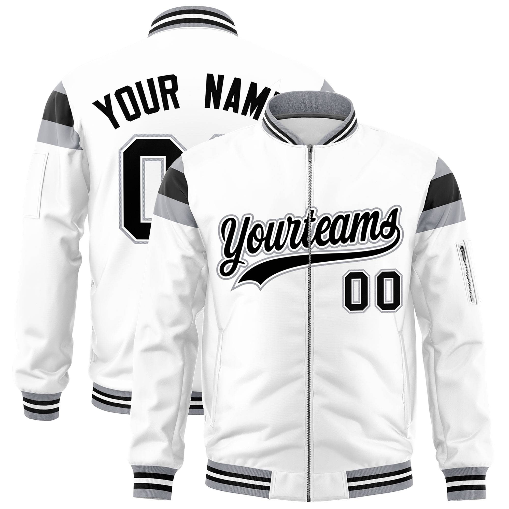 Custom White Silver-Black Varsity Full-Zip Shoulder Color Block Letterman Bomber Jacket