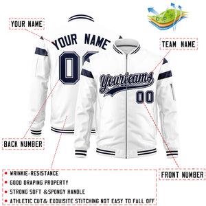 Custom White Navy Varsity Full-Zip Shoulder Color Block Letterman Bomber Jacket