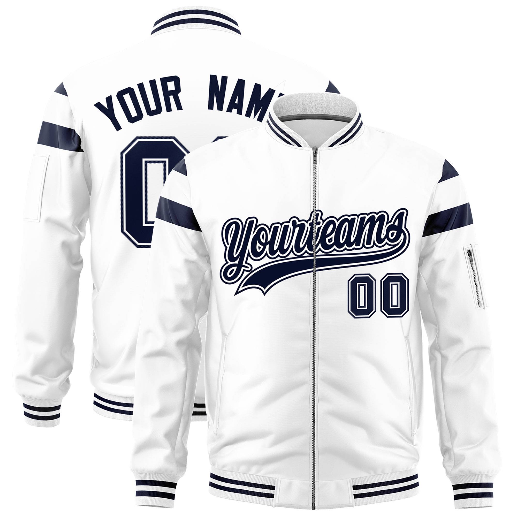 Custom White Navy Varsity Full-Zip Shoulder Color Block Letterman Bomber Jacket