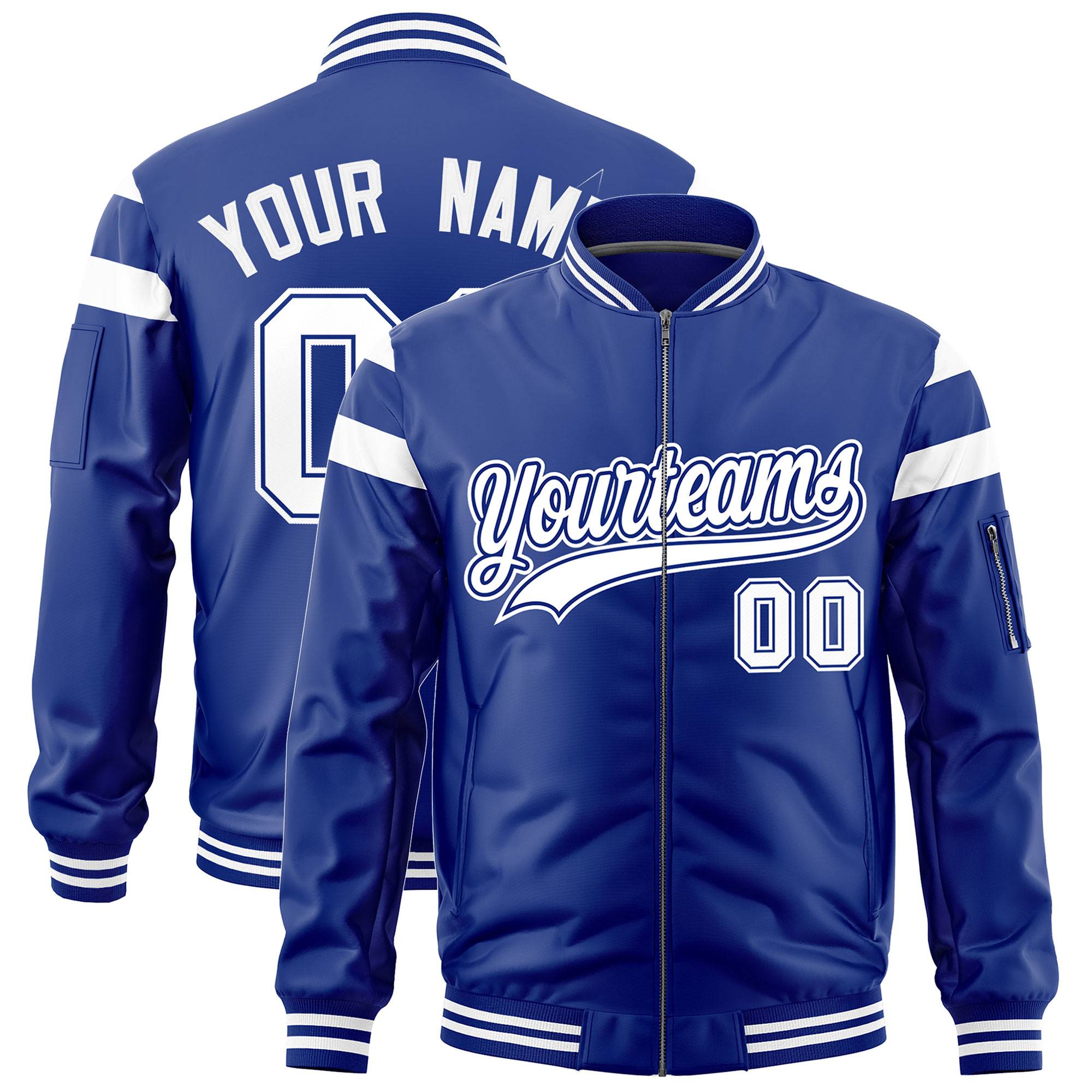 Custom Royal White Varsity Full-Zip Shoulder Color Block Letterman Bomber Jacket