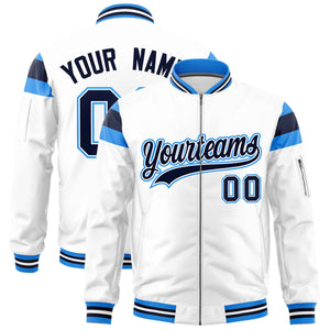 Custom White Powder Blue-Navy Varsity Full-Zip Shoulder Color Block Letterman Bomber Jacket